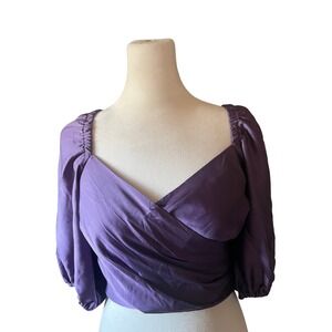 Express Womens Purple Satin Puff Sleeve Tie Back Crop Top 4 Romantic Fairy